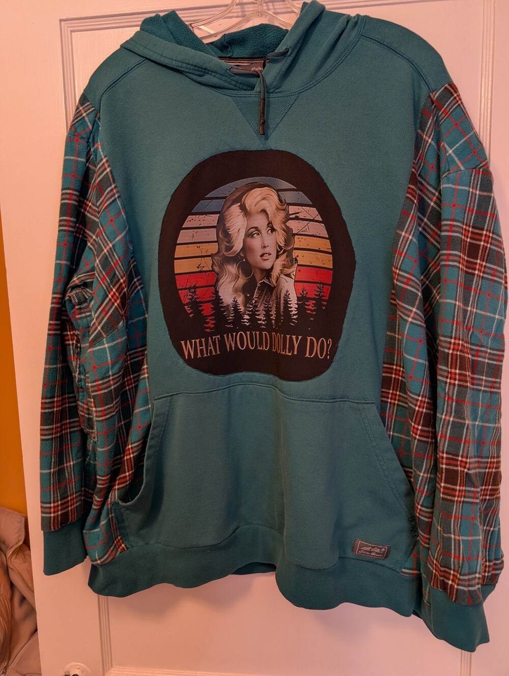 Upcycled Eddie Bauer Dolly Parton Hoodie Men’s 2XL What Would Dolly Do Plaid